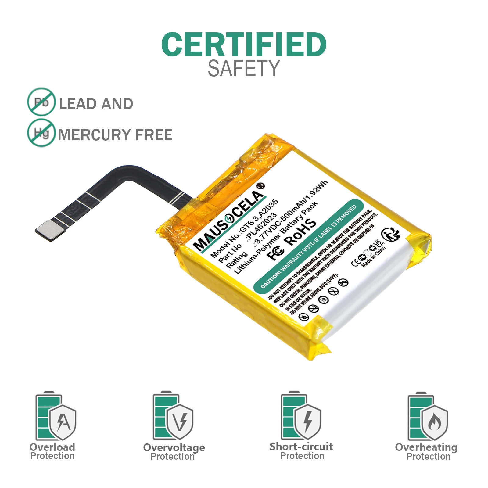 

500mAh / 1.92Wh Smartwatch Battery For Amazfit:GTS 3,A2035,PL462023,Li-Polymer,3.87V