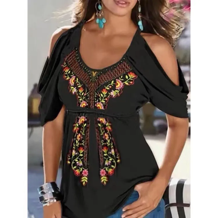 

2025 Summer New Popular Loose V-neck Pleated Printed Off-the-shoulder Women's Short-sleeved T-shirt
