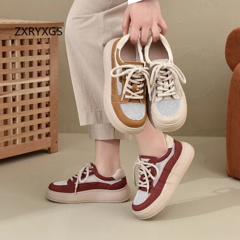ZXRYXGS 2026 Cowhide Mesh Spell Colors Spring Summer Sneakers Sandals Comfort Breathable Women  Flat Thick Sole Heighten Shoes