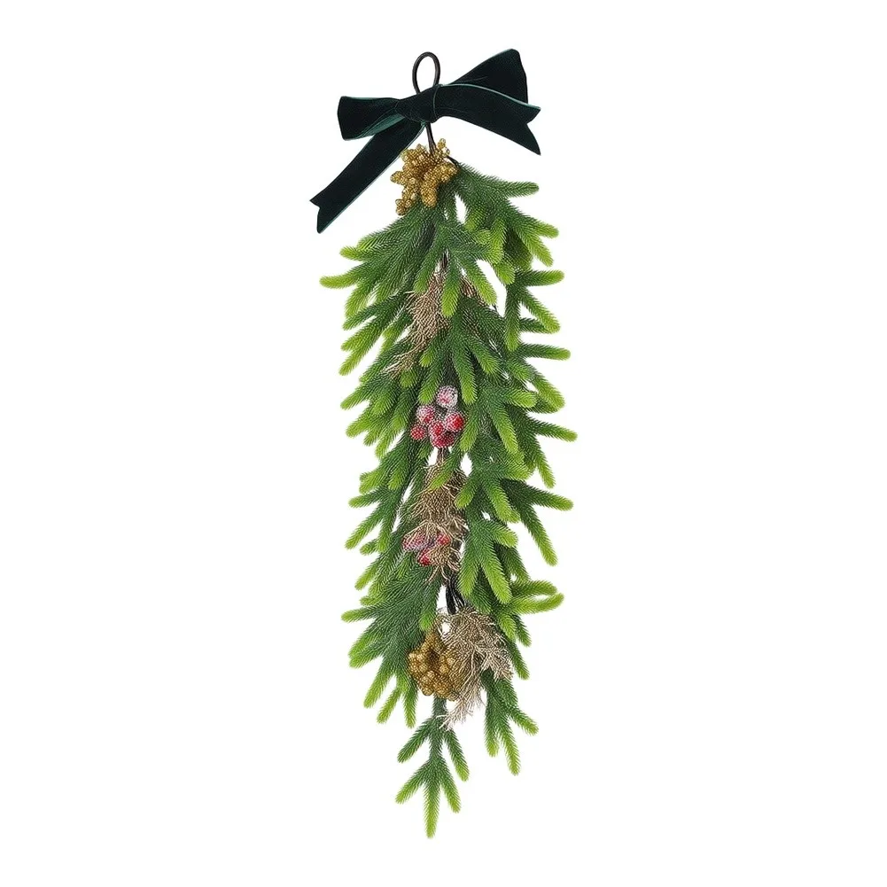 24 Inch Christmas Pine Teardrop Swag Dark Green Velour Bow Red Berries Artificial Garland For Front Door Wall Mantel Holiday Dec