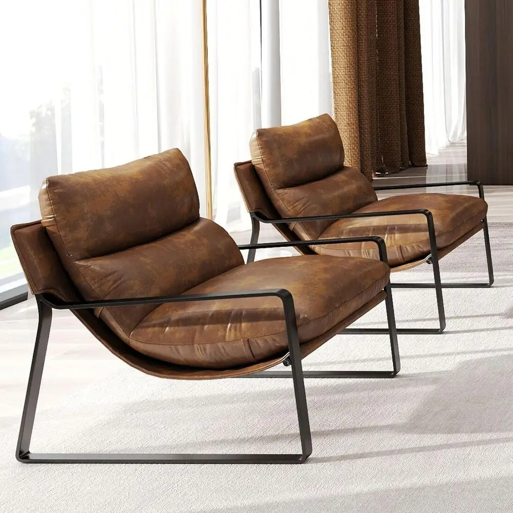 

Set of 2 PU Leather Accent Armchairs, Upholstered Sofa Chairs with Black Metal Legs, Removable Cushions, Suitable for Living Roo