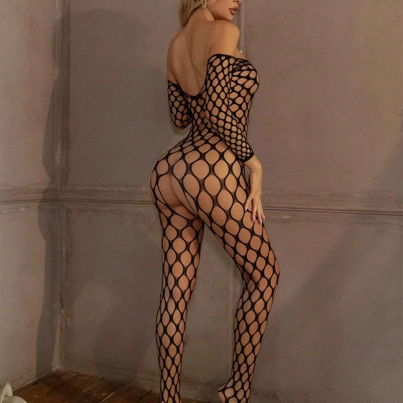 Sexy Black Fishnet Sheer Bodystocking Open-Crotch Lingerie Erotic Crotchless Sleepwear Garters Plus Size Bodysuit Women\'s Wear