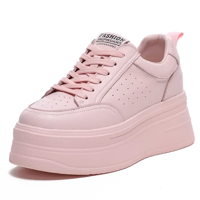 

8CM Genuine Leather Autumn Women Casual Shoes Chunky Sneakers Platform Wedge Hidden Heel Women Leisure Shoes Spring Sneaker
