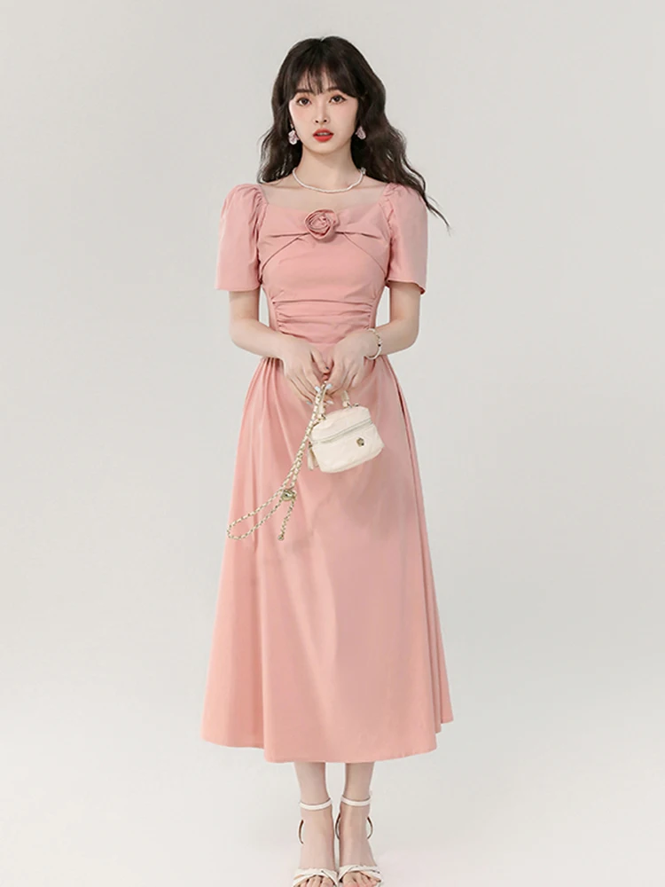 

Summer Elegant Pink 3D Flower Appliques Dresses For Women Sleeveless High Waist Slim Folds Elegant Dress Female Fashion Clothes