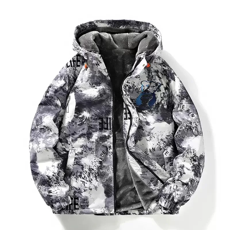 Autumn and Winter New Fashion Trend Printed Thickened Warm Hooded Jacket Men's Loose Sports Windproof High Quality Coat M-6XL