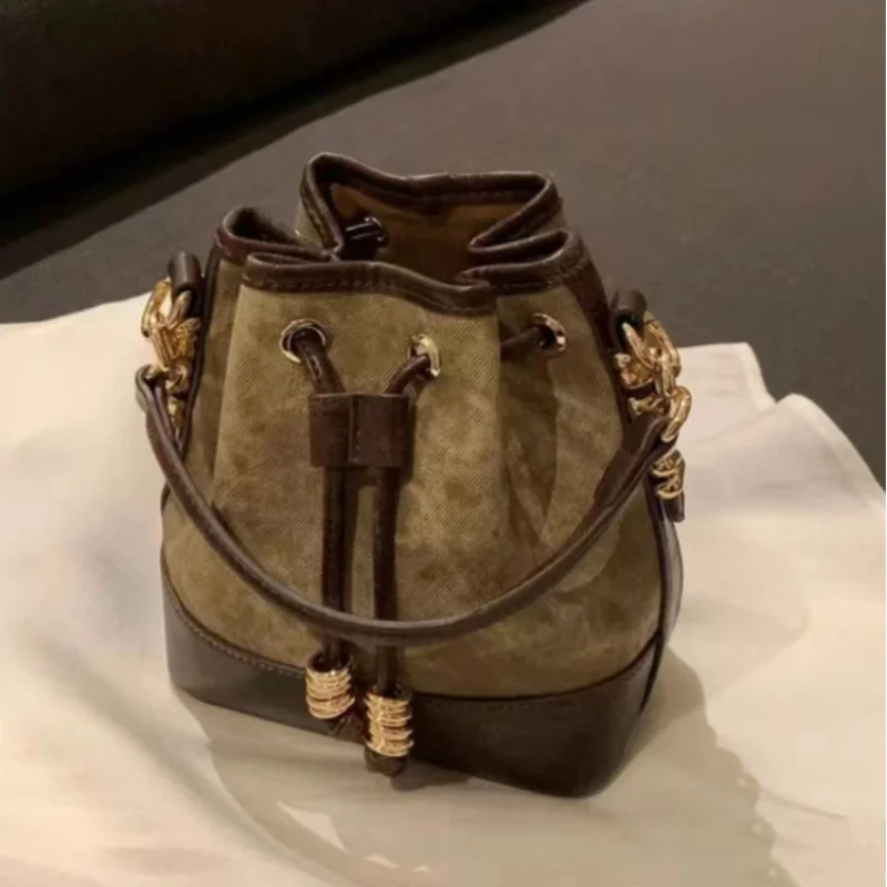 Women High-capacity Drawstring Bucket Shoulder Bag Casual Ladies Contrast Color Crossbody Bags Fashion PU Leather Female Handbag