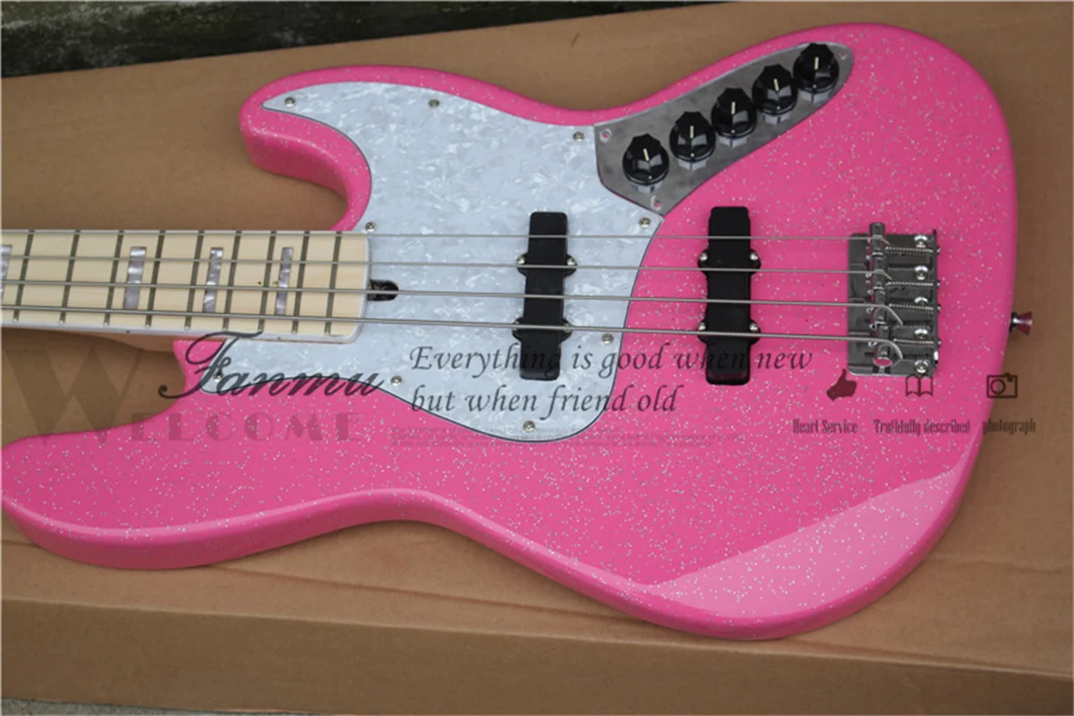 4 string electric bass guitar, V7 bass, pink granular silver body, active battery case