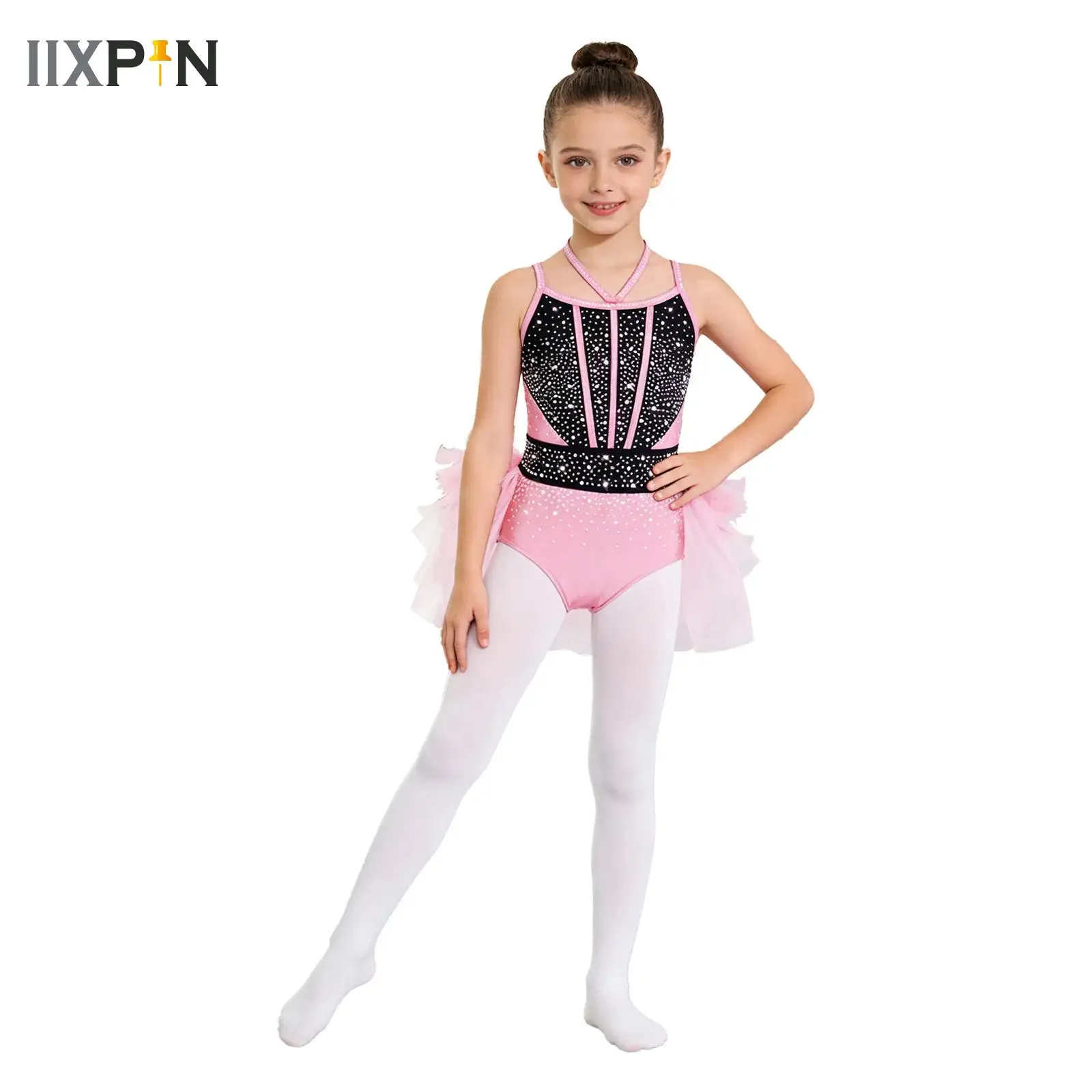 Kid Girls Ballet Leotard Dress Sleeveless Feather Tulle Dress Gymnastics Lyrical Contemporary Dance Ballerina Clothing Dancewear