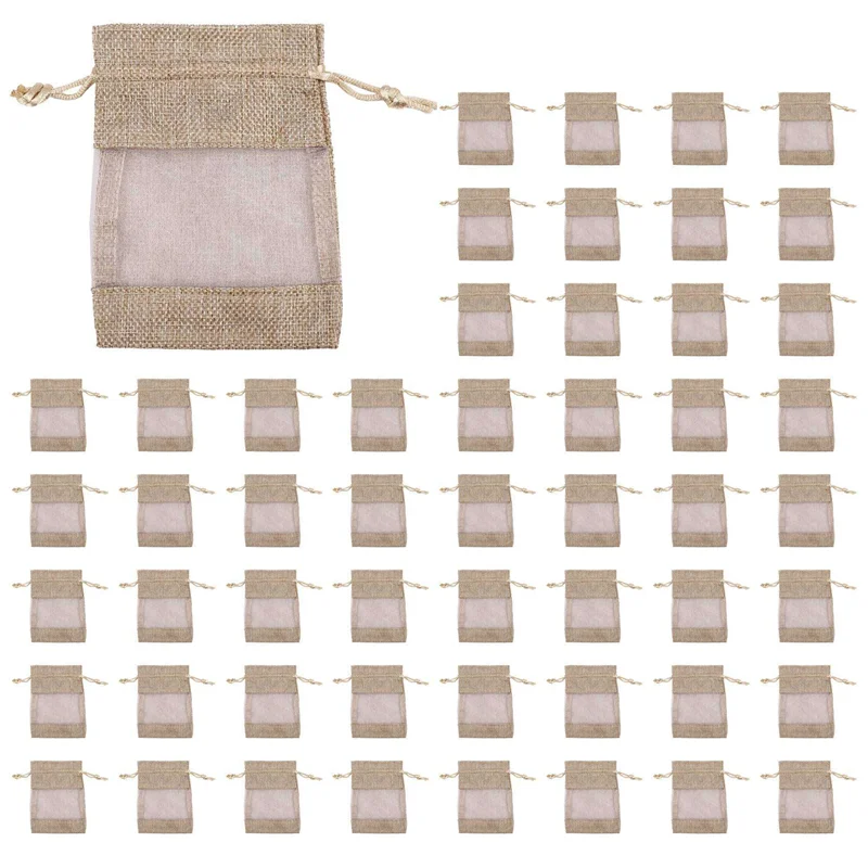ABLN-180 szt. Lniane woreczki z organzy, woreczki z jutowego materiału ze sznurkiem, torby na prezenty świąteczne, torby na upominki ślubne, 10X14cm