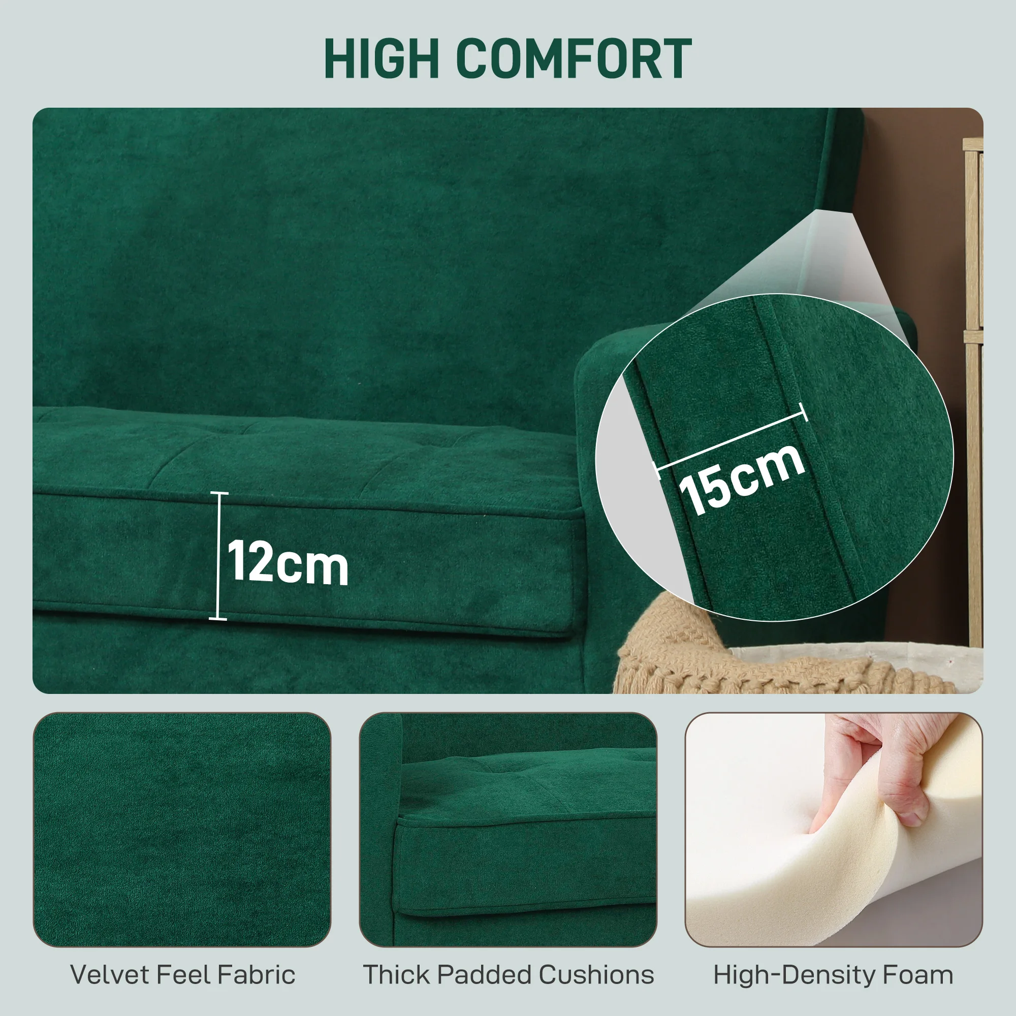 HOMCOM 2 Seater Sofa, Velvet-Feel Upholstered Loveseat for Small Space, Green