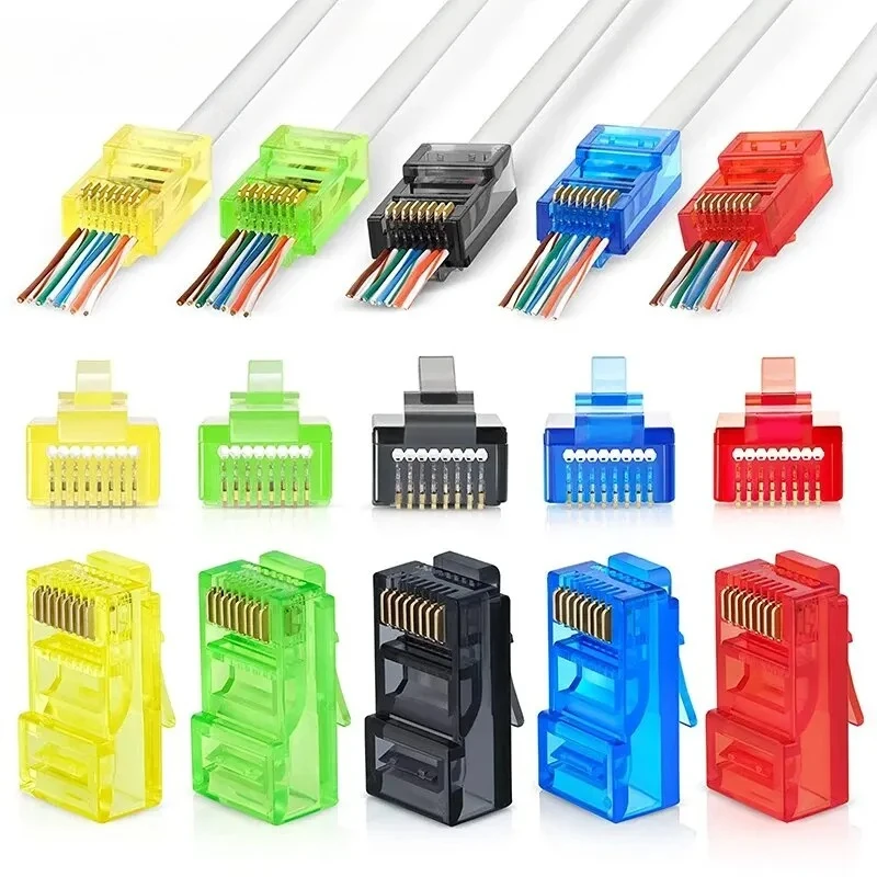 50 قطعة RJ45 Cat6 تمر عبر الموصلات، ألوان متنوعة EZ لتجعيد المكونات المعيارية لكابل شبكة UTP الصلبة أو الذين تقطعت بهم السبل