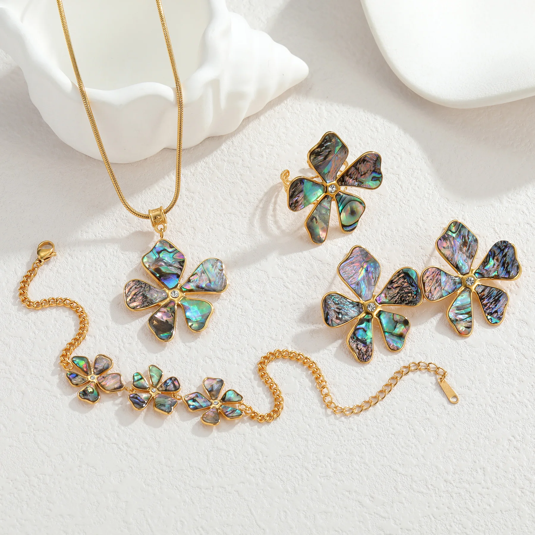 Bohemian Abalone Shell Flower Necklace Bracelet Stud Earrings Ring Jewelry Set For Women Gold Plated Luxury Beach Party Gift - view 5