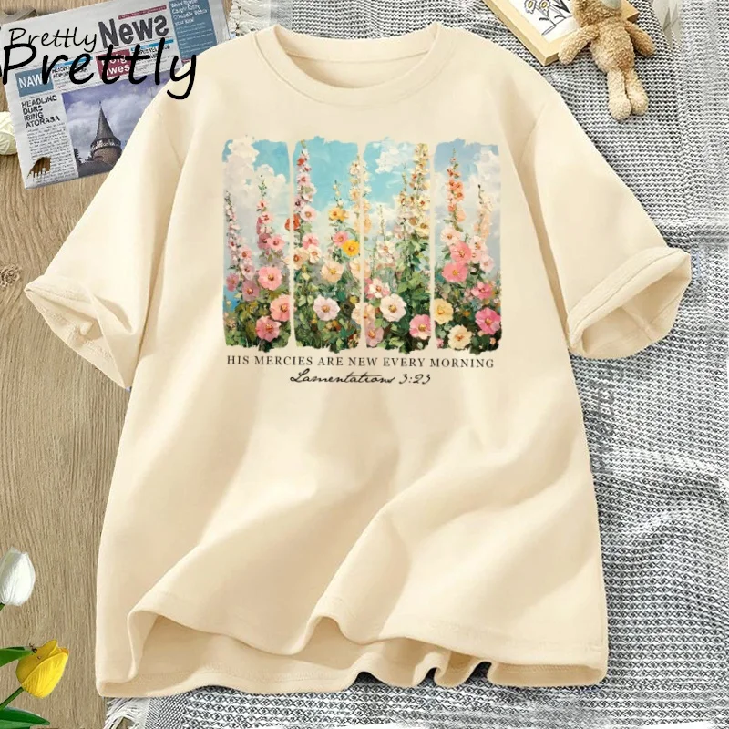 Christian T-Shirt for Woman His Mercies Are New Every Morning T Shirt Retro Flower Faith Based Clothing Cozy Bible Verse Tee