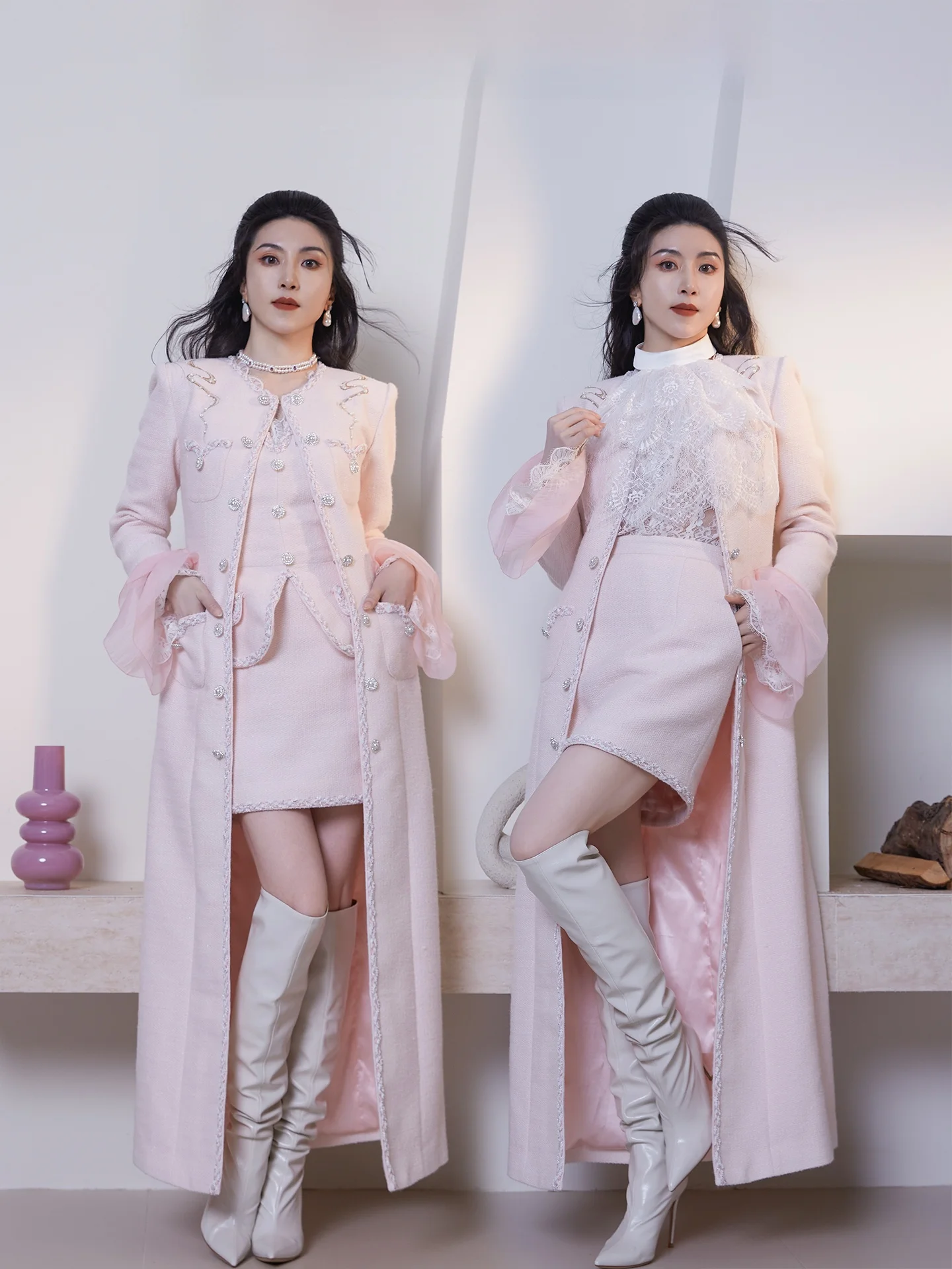 

Женская осенняя коллекция Xuan ng Ji Long: пальто и юбка из смесовой шерсти с твиловым плетением, художественный дизайн