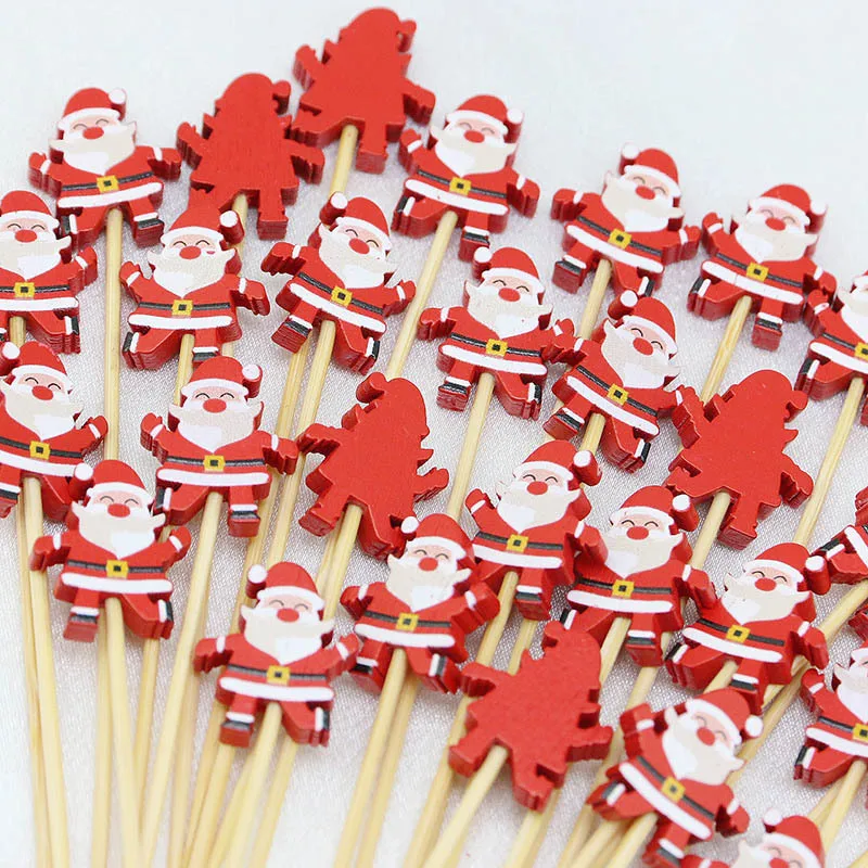 

(100 Pcs/pack) 11.8cm Santa Claus Bamboo Skewer Disposable Wooden Toothpick Kitchen Accessories Dessert Fruit Christmas Party