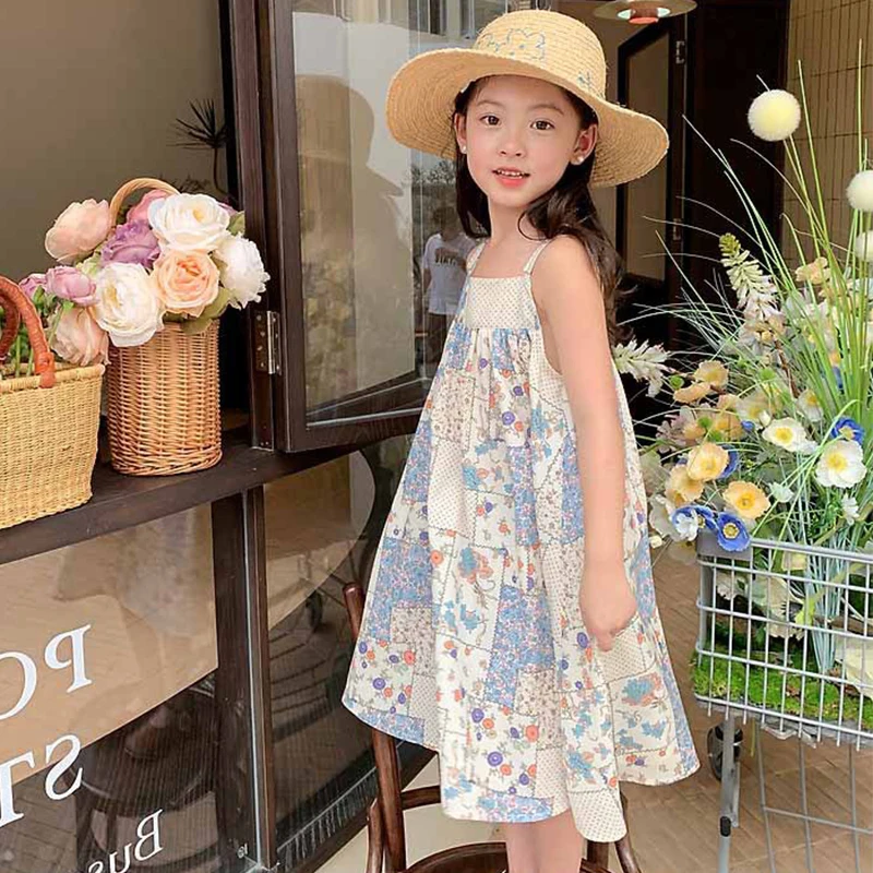 Summer Girls\' Strap Dress Plaid Flower New Casual Dress Sweet Long Dress Holiday Style Dresses For Girls Baby Vest Dress