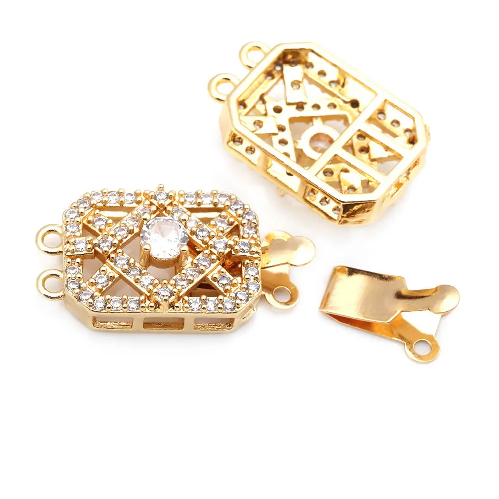 4 Sets 18K Gold Color Brass and Zircon Rectangle 2 Line Necklaces Connect Clasps High Quality Diy Jewelry Making Accessories