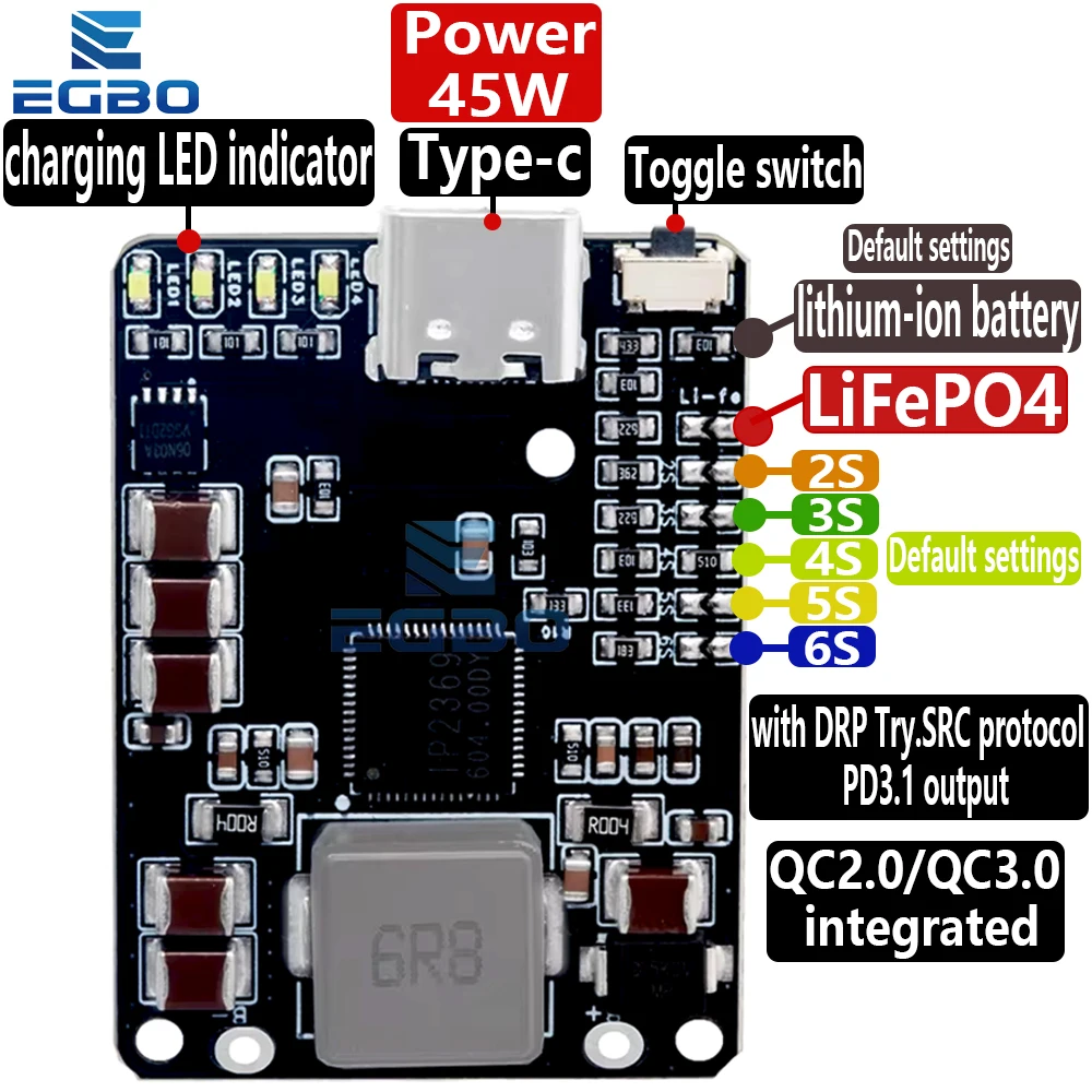 2S-6S IP2369 Battery Management System 45W Charge Discharge Board for Li-ion LiFePO4