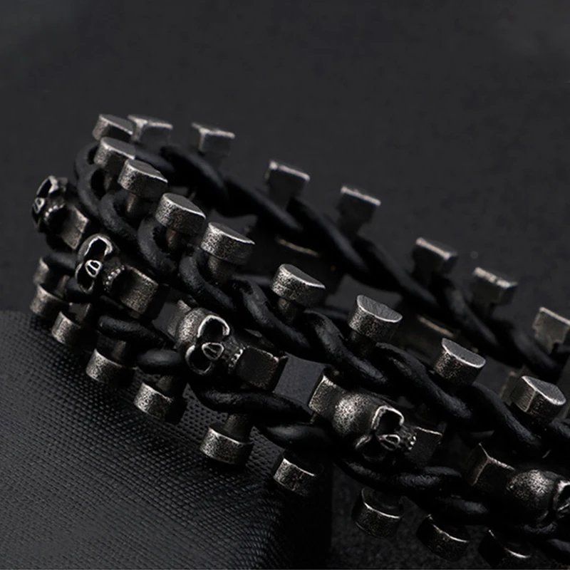 Vintage Domineering Skull Braided Leather Bracelet Trendy Charm Stainless Steel Biker Bracelet Punk Hip Hop Jewelry Dropshipping