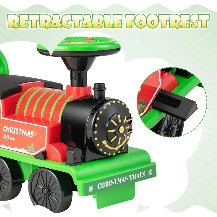 ライトとサウンド付きの6V電動おもちゃの電車に乗って、軌道を走る。シートの下に収納できるフットレスト、クリスマスをテーマにしたバッテリー付き。