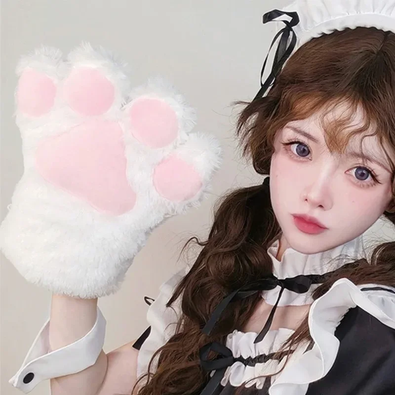 Fluffy Cat Paw Gloves Winter Women Girl Black White Cute Warm Mitten Cosplay Comfortable Fingerless Gloves Fashion Accessories