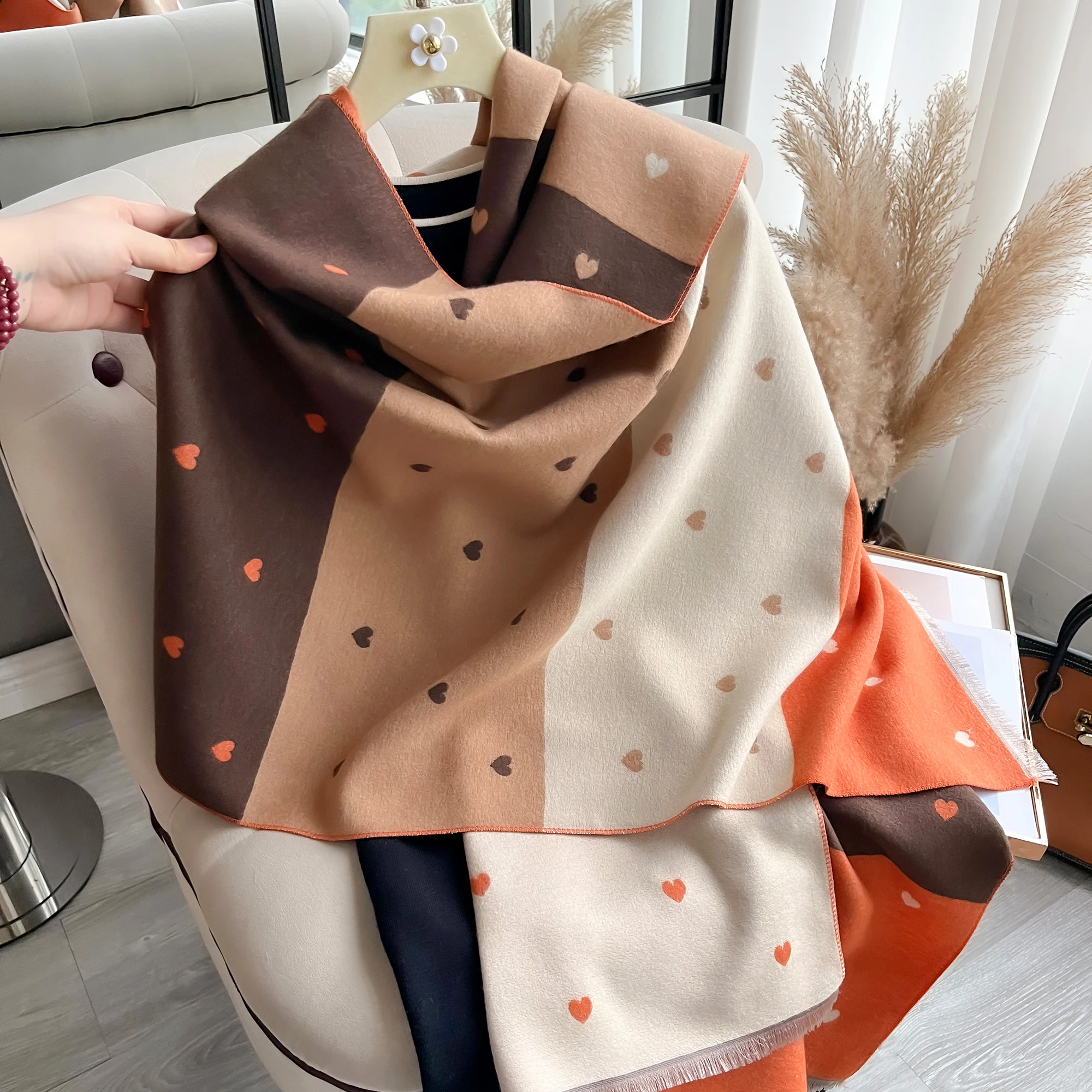 Color match Thickened Double-sided Warm Scarf Imitation Cashmere Short Beard Shawl Autumn Winter Coldproof Female Scarf Shawl