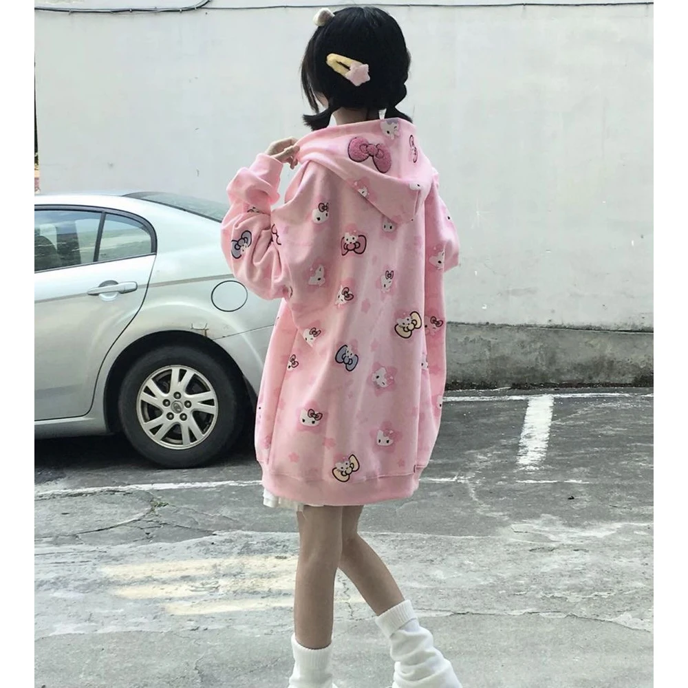 New Cartoon Sanrioed Hellokitty Cardigan Zip Hooded Sweatshirt Cute Kittys Printing Spring and Autumn Thin Coat Tops Anime Gift