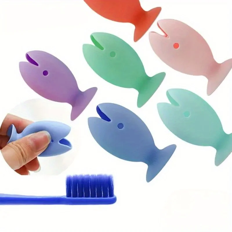 5pcs Tooth Brush Cover Caps Stand Cute Standing Portable Travel Toothbrush Head Cover Cute Fish Shape Silicone Suction Cup