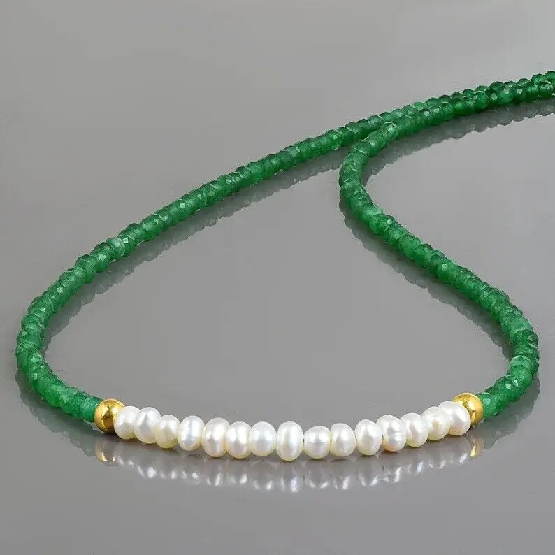 

Natural Green Onyx And Pearl Round Faceted Beads Necklace 5mm 18nches,