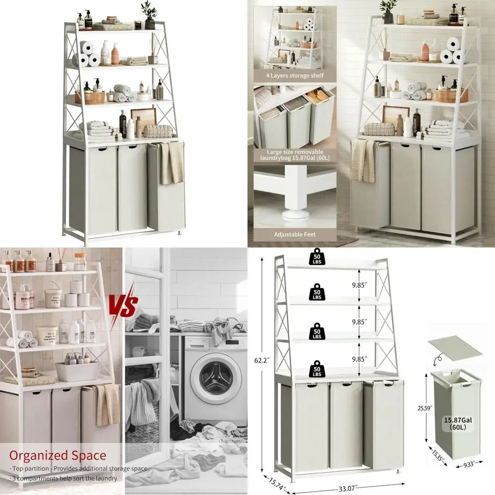 

Большая трехсекционная корзина для белья с 4-уровневой полкой, съемными сумками, вместимость 3 x 15,87 галлонов, идеально подходит для организации дома