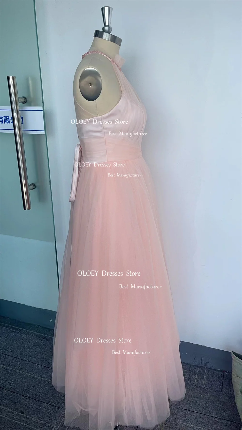 OLOEY-Elegante vestido de casamento de tule, vestido nupcial rosa coreano, vestido sedoso Halter, vestido halter personalizado, até o chão, vestido de festa, sessão fotográfica