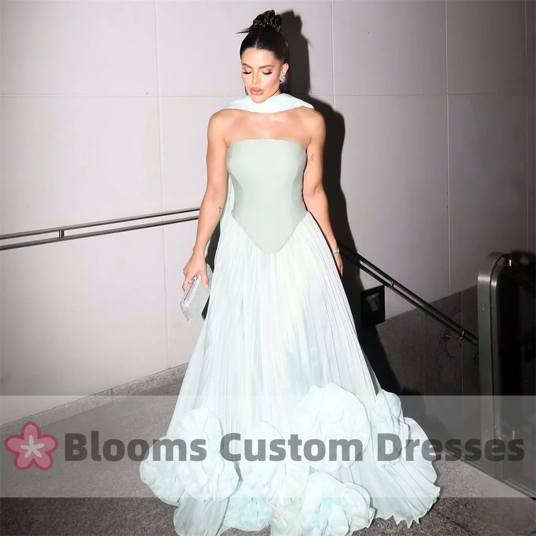 Blooms Light Green Strapless Customized Evening Dress with 3D Flowers A-line Arabic Women Shawl Wedding Prom Dress Gown