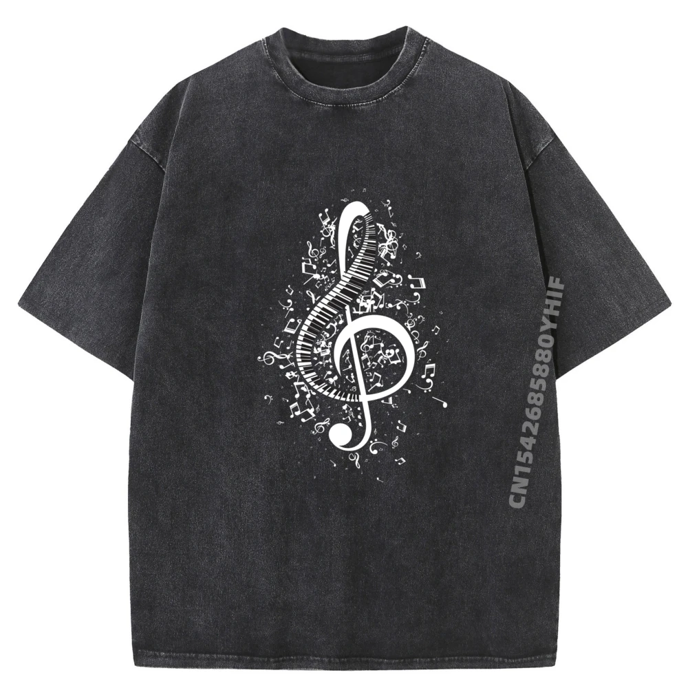 

Treble Clef Keys Piano Player T Shirts Husband Print Tops & Tees Hip Hop Retro Washed T-shirts Simple Graphic Clothes