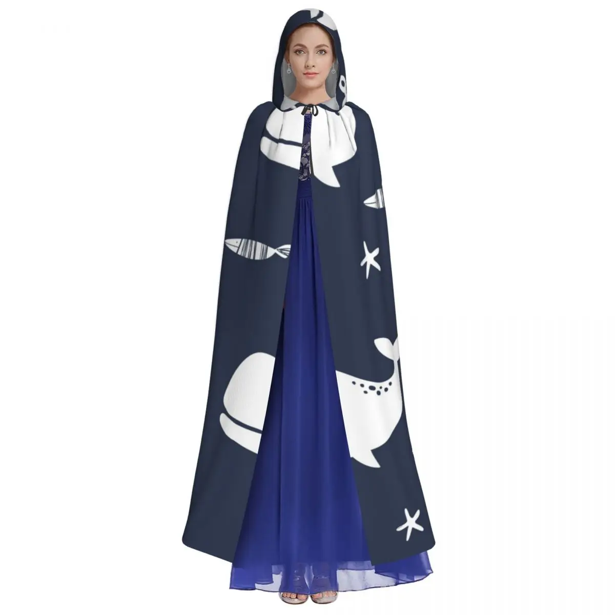 Long Cape Cloak Cute Whale Anchor Fish Print Hooded Cloak Coat Autumn Hoodies