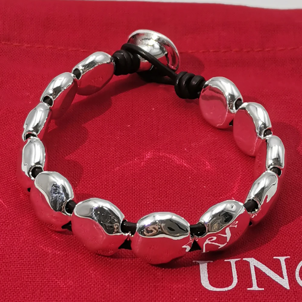 Pulsera de cuerda de cuero con Cuentas planas de plata de alta calidad para mujer, accesorios únicos de España, bolsa de regalo de joyería, 2024