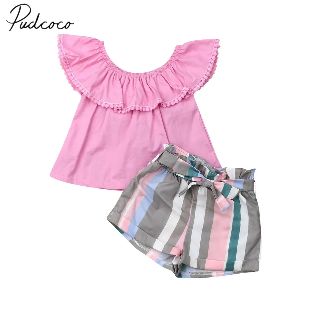 

2019 Baby Summer Clothing Fashion Toddler Baby Girl Kid Clothes Sets Off Shoulder Tops Colorful Striped Pants Outfits Set 1-6Y