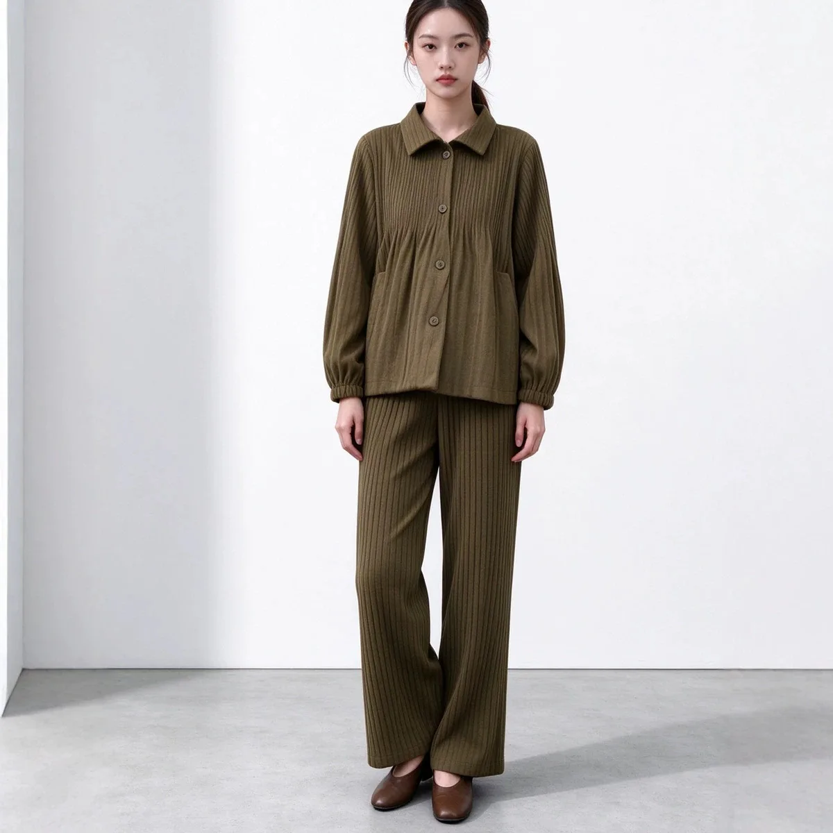 Miyake Pleated Women Vertical Rib 2 Piece Outfit, Lapel Button Shirt Top & Elastic Waist Wide Leg Pants Set, Casual Autumn Suit