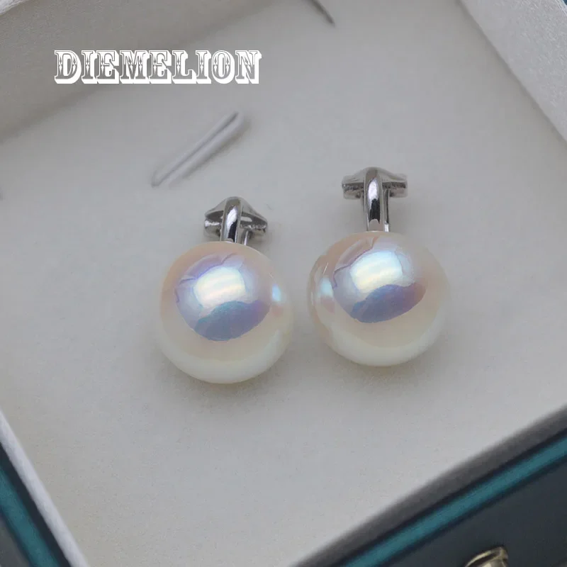 No Piercing Natural 14mm Button Shell Pearl Ear Clip on Earrings 925 Sterling Silver No Hole Earring for Women Wedding Jewelry