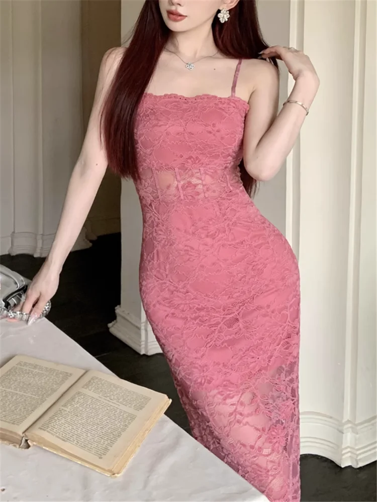 ファッション夏スラッシュネックピンクレースかぎ針編みキャミソールスリップドレスノースリーブボディコンペンシルイブニングパーティードレスロングベストスカート