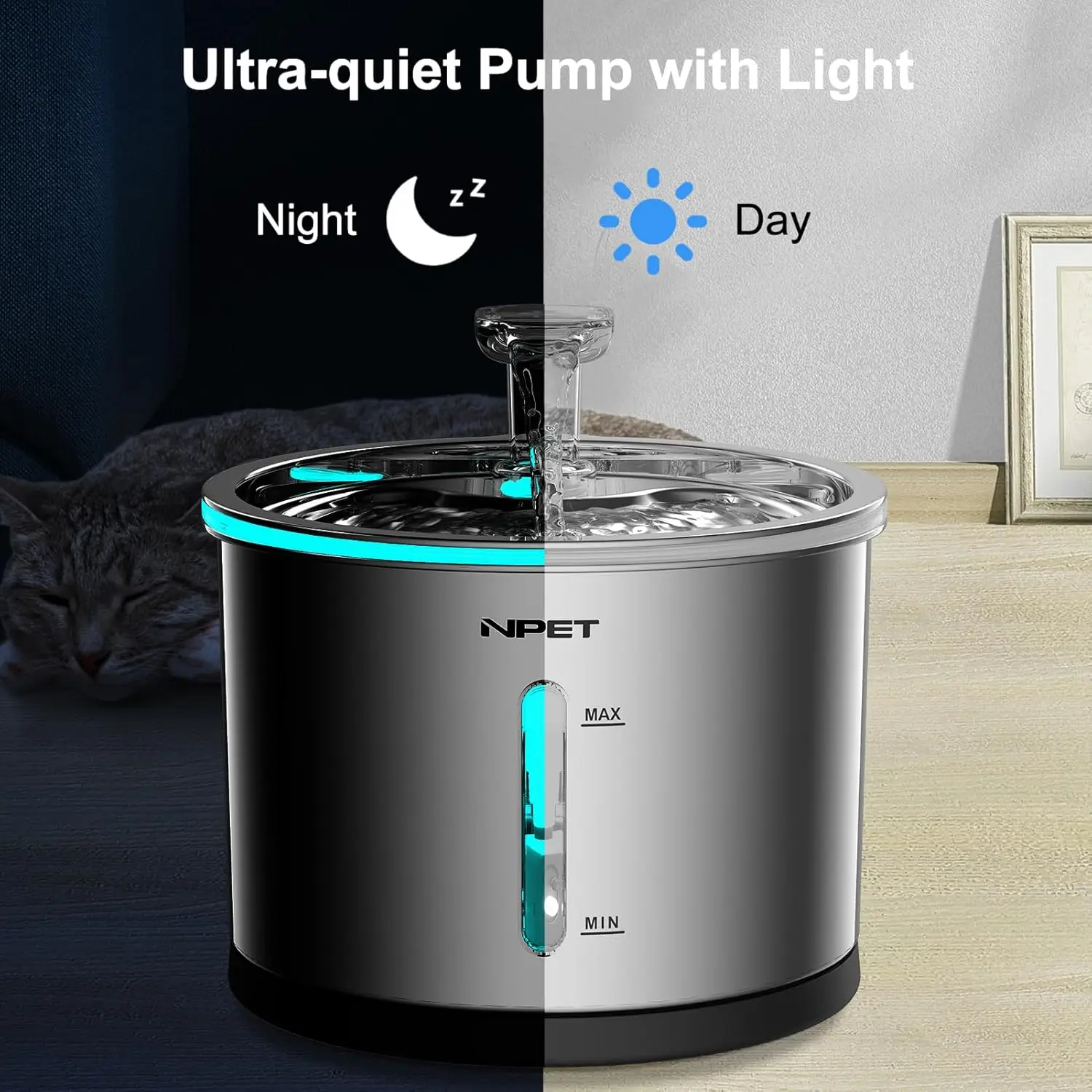 NPET Cat Water Fountain Stainless Steel, 50oz/1.5L Dishwasher Safe Pet Water Fountain with Visible Window Light for Cats