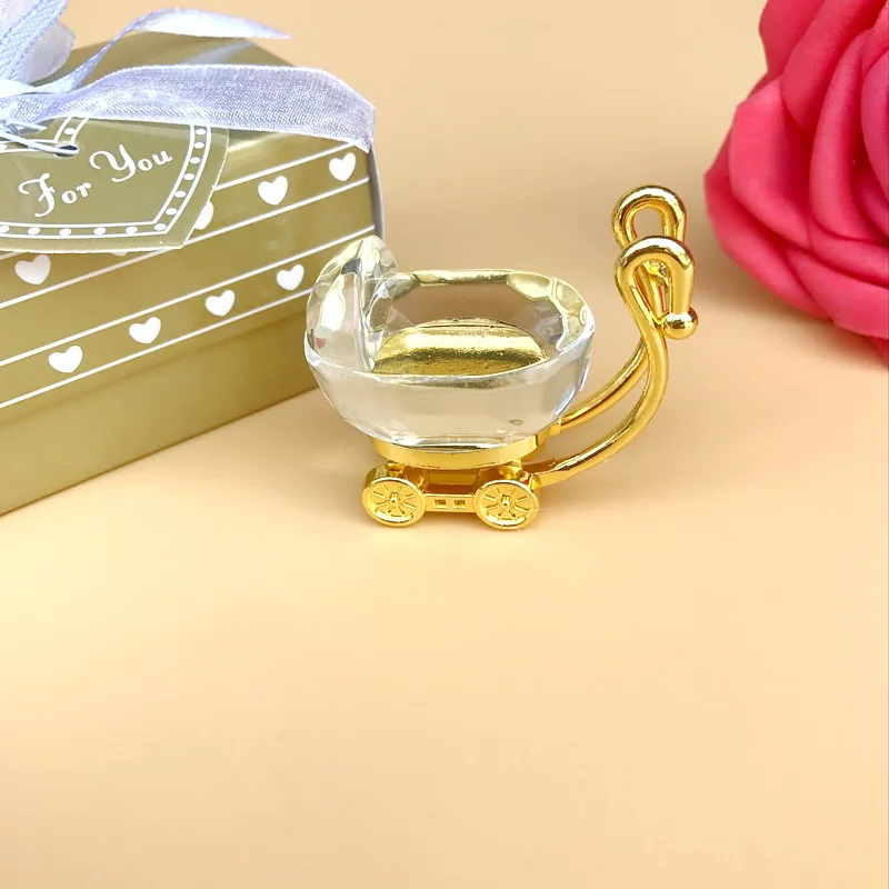 Gold Crystal Baby Carriage With Gift Box Packing Adorable Desktop Ornament Perfect For Baby Shower,Christening,Birthday 1-PCS