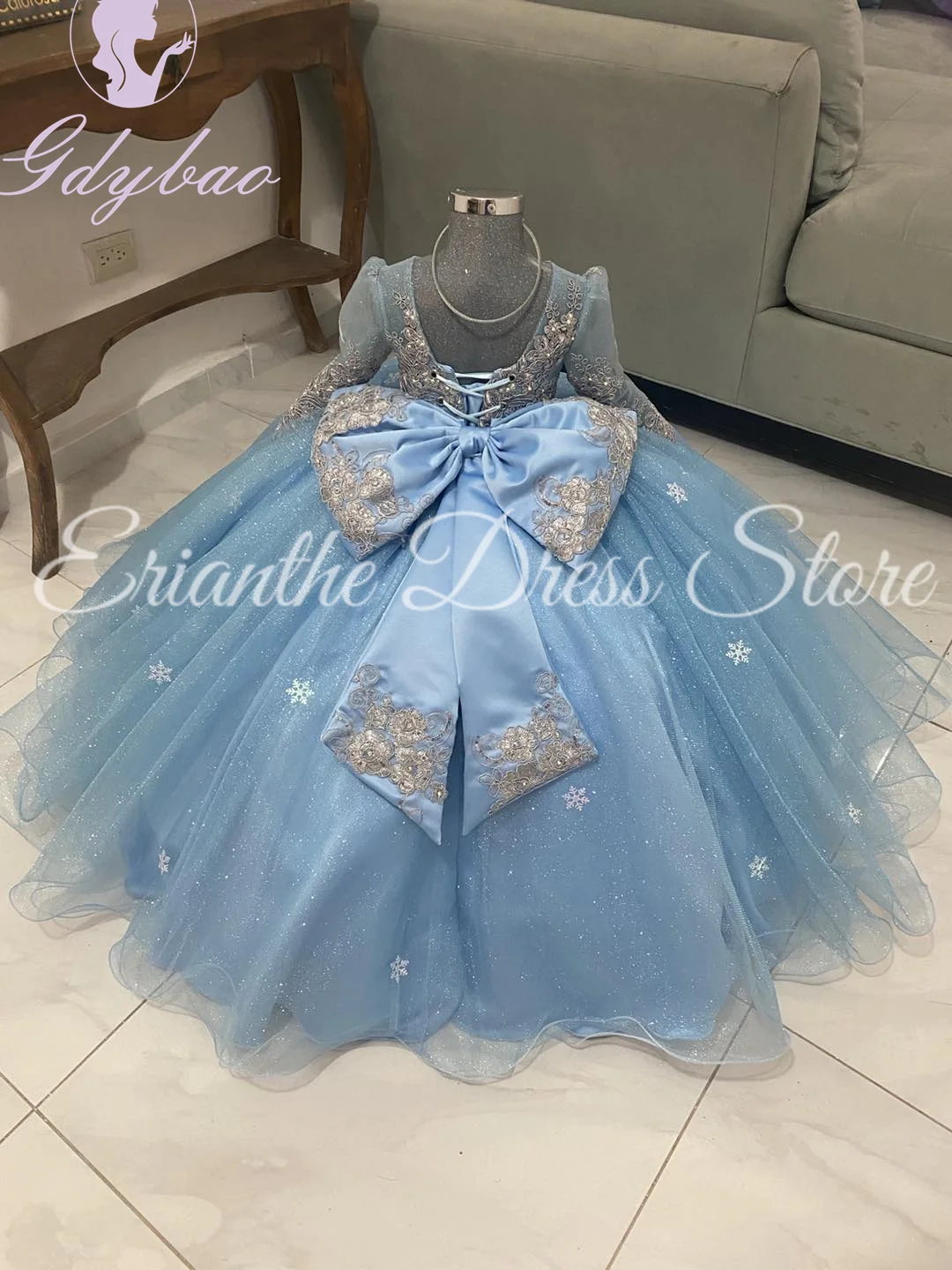 ชุดสาวดอกไม้สําหรับงานแต่งงานแขนยาวลูกไม้Tulleกับโบว์AppliqueสีขาวElegantเด็กFirst EucharisticวันเกิดPartyชุด