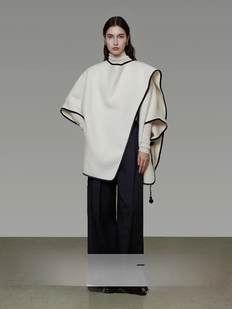 

Unspoken Irregular Scarf Collar Woolen Coat Women's Loose Silhouette Design Color Colion Long Sve Winter Outerwear