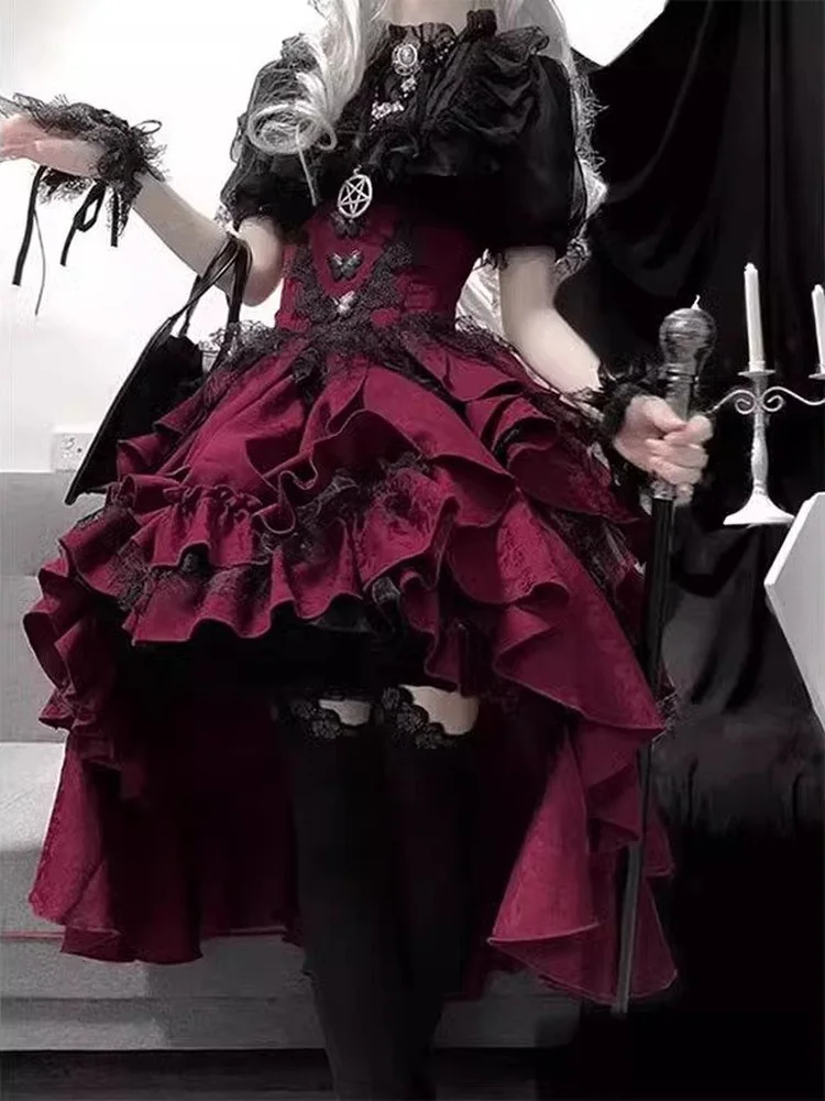 

Gothic Lolita Black Shirt Red Skirt Set Women's Fashion Two-Piece Suit Spring Season Loose Fit Long Sleeve Short Sleeve