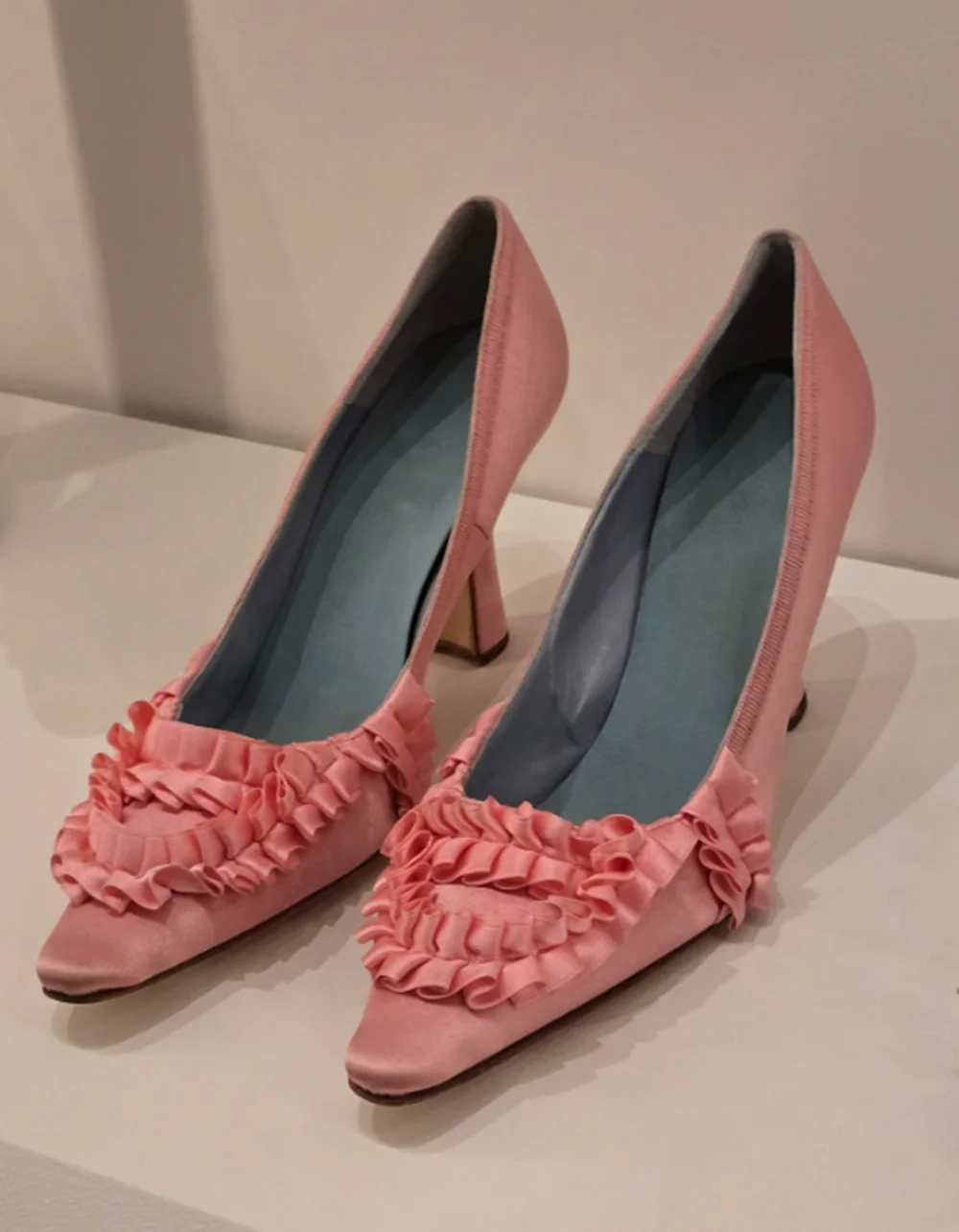 

Blush Pink Satin Pointed-Toe High Heels Ruffled Frill Trim Contrast Sky Blue Lining Elegant Sweet Women's Low-Cut Shoes