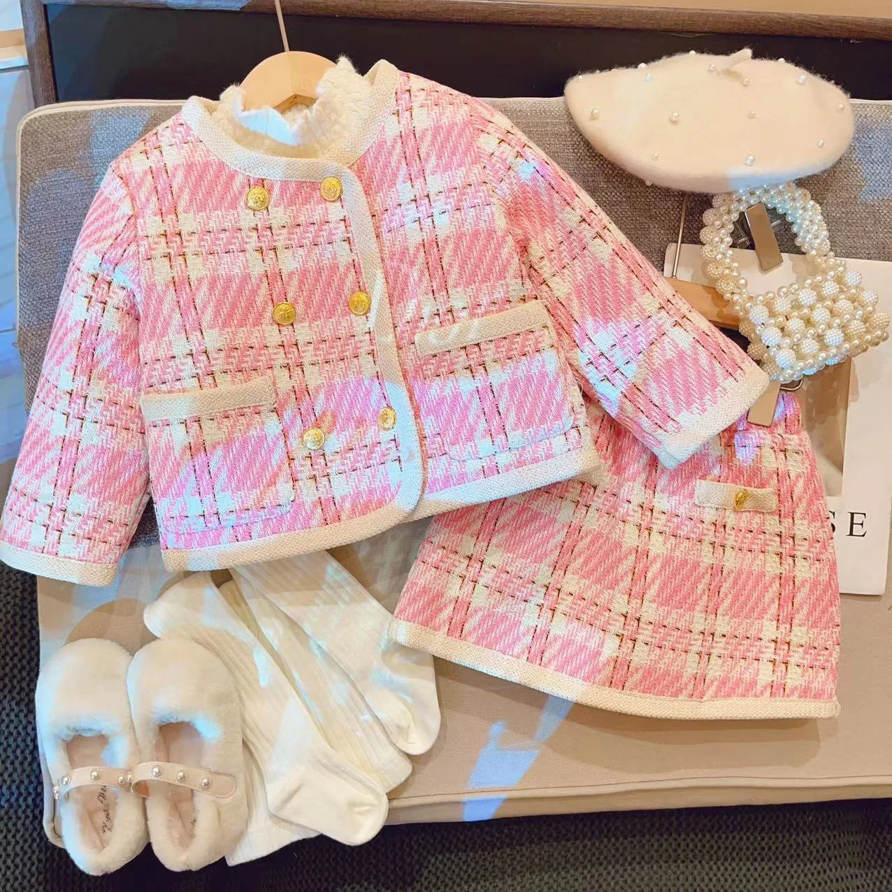 Winter Girls 2Pcs Plaid Cotton Padded Warm Sets Kids New Tweed Autumn Cardigan+Skirt Fleece T-Shirt Birthday Girls Outfit Suits