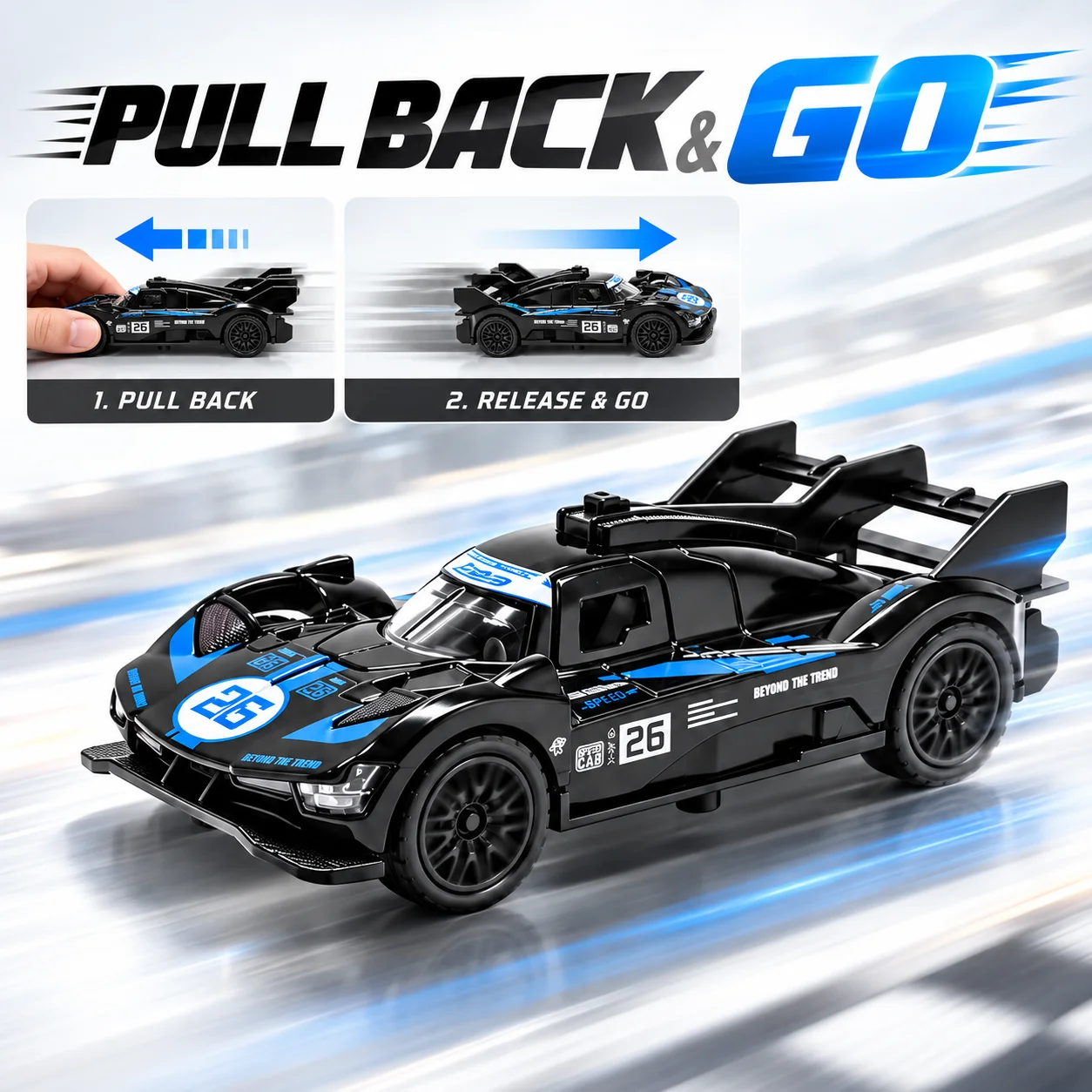 (Boxed) 1/43 scale, Alloy Endurance Racer style toy car, powerful spring, metal casting, the best gift.