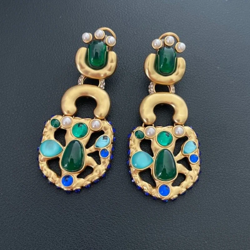 

Европейские серьги с уникальным дизайном, сине-зелеными глазурованными камнями и жемчугом, в ретро-золоте, для женщин, винтажные, вечерние, модные украшения