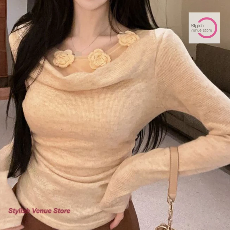 French atmosphere three-dimensional flower swing collar long-sleeved top women's spring and autumn fashion Joker bottoming shirt