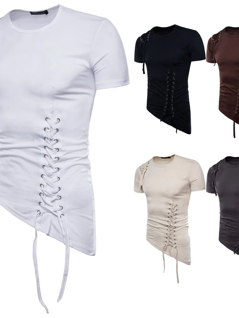 Trendy Summer Short Sleeve T-Shirt Slim Fit Unusual Design Braided Rope Fashionable City Walk Cotton Male Clothing Clean Fit
